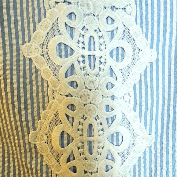 Pappagallo Blue & White Seersucker Preppy Nautical Cottagecore Dress with Lace - Picture 4 of 7